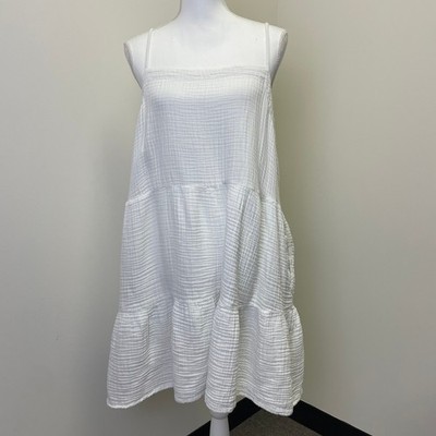 Loft Beach White Cotton Gauze Tiered Mini Dress XL Adjustable Straps Babydoll