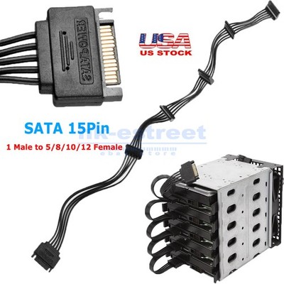 15 Pin SATA Power Extension Hard Drive Cable 1 M to 5/8/10/12 F Splitter Adapter