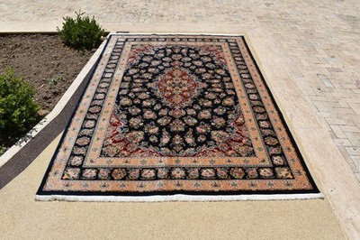 6x9 Navy Blue Persian Style Bamboo Silk Floral Medallion Area Rug Machine Made