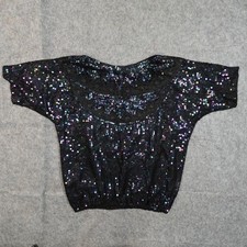 Vintage Top Womens Medium All Over Sequin Shoulderpads Shimmer Elastic Waist