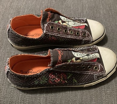 Ed Hardy Vintage Y2K Slip On Sneakers Brown Sparkle  Love Eternal  Size 7