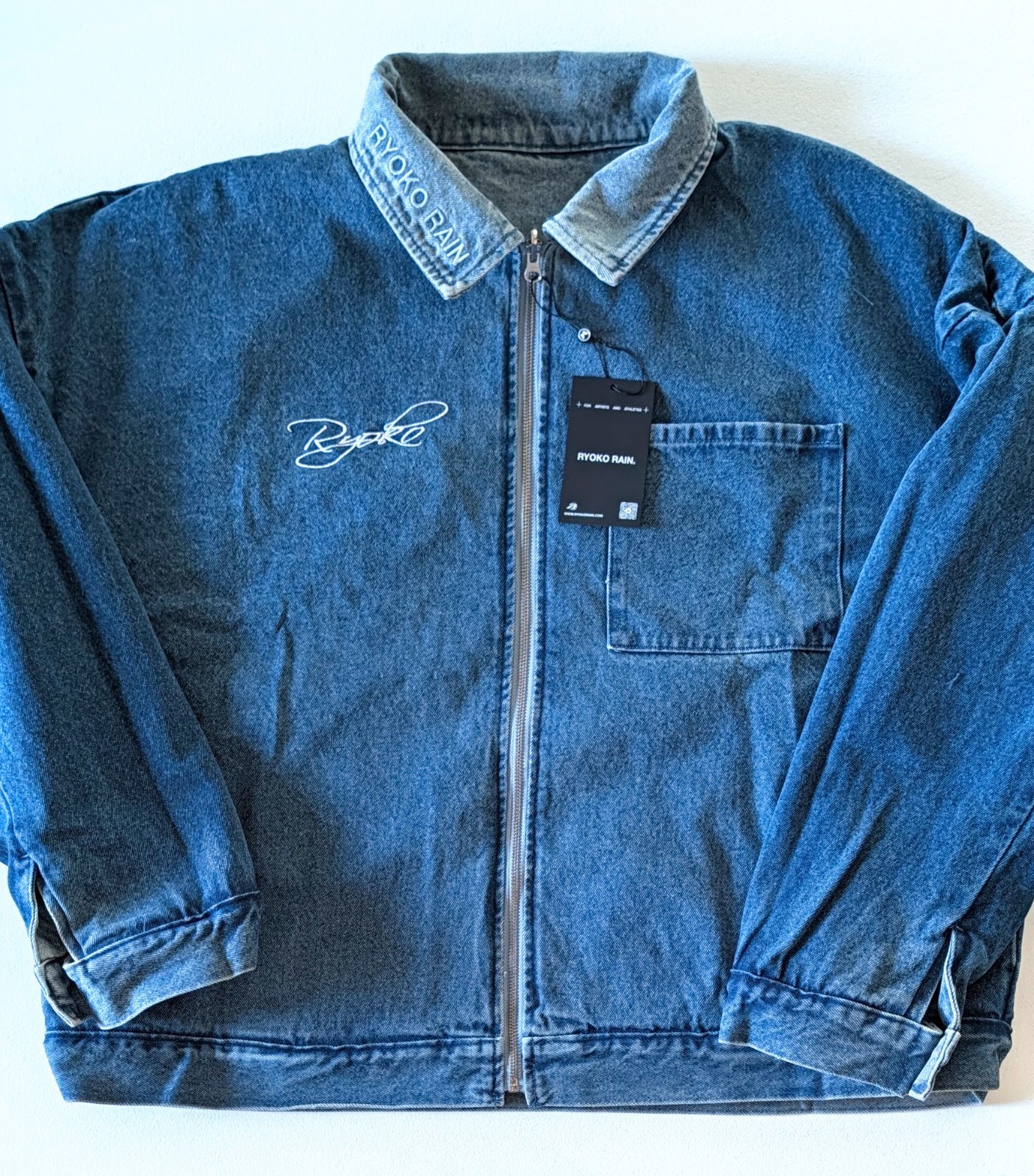 Ryoko Rain Reversible Rose Denim Work Jacket Faded Blue Embroidered Unisex XL - second product detail image