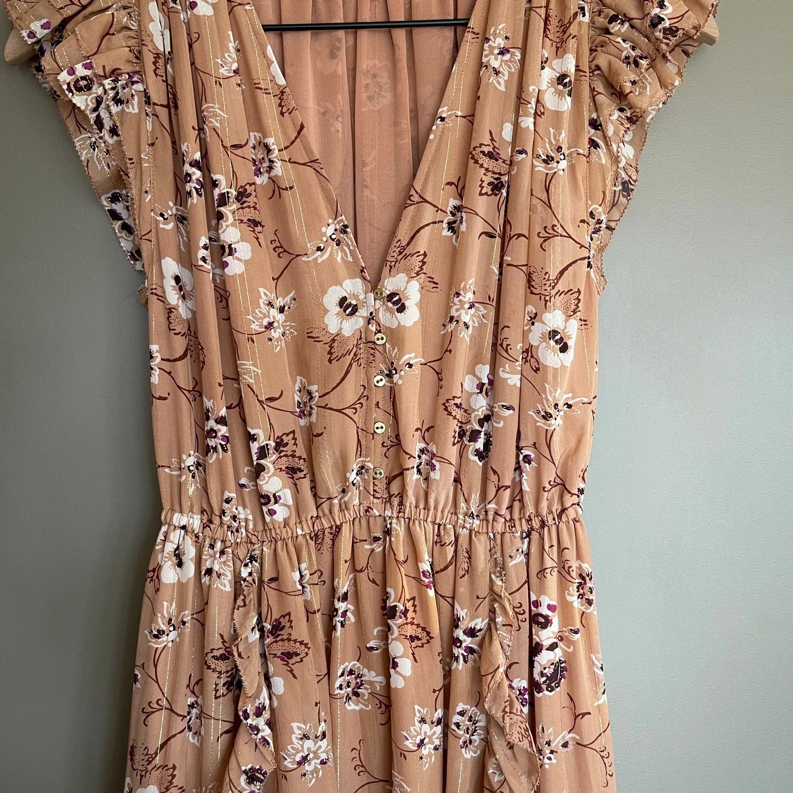 OFF WHITE Abito ULLA JOHNSON Ciel in caffè taglia 2 marrone seta oro metallizzato floreale midi floreale