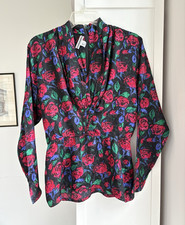 Vintage St Gillian Sport Floral Blouse Women Sz 8 Black Rose Cowl Neck Peplum