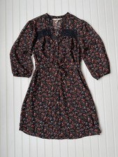 Black Poppy Black Floral Button Down Above Knee Dress W/ Black Slip & Tie Size M