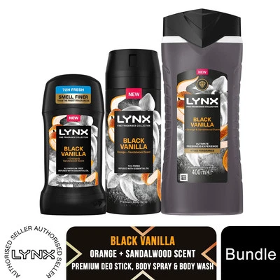 Lynx Fine Fragrance Black Vanilla Bundle Premium Body Wash,Spray & Stick for Men