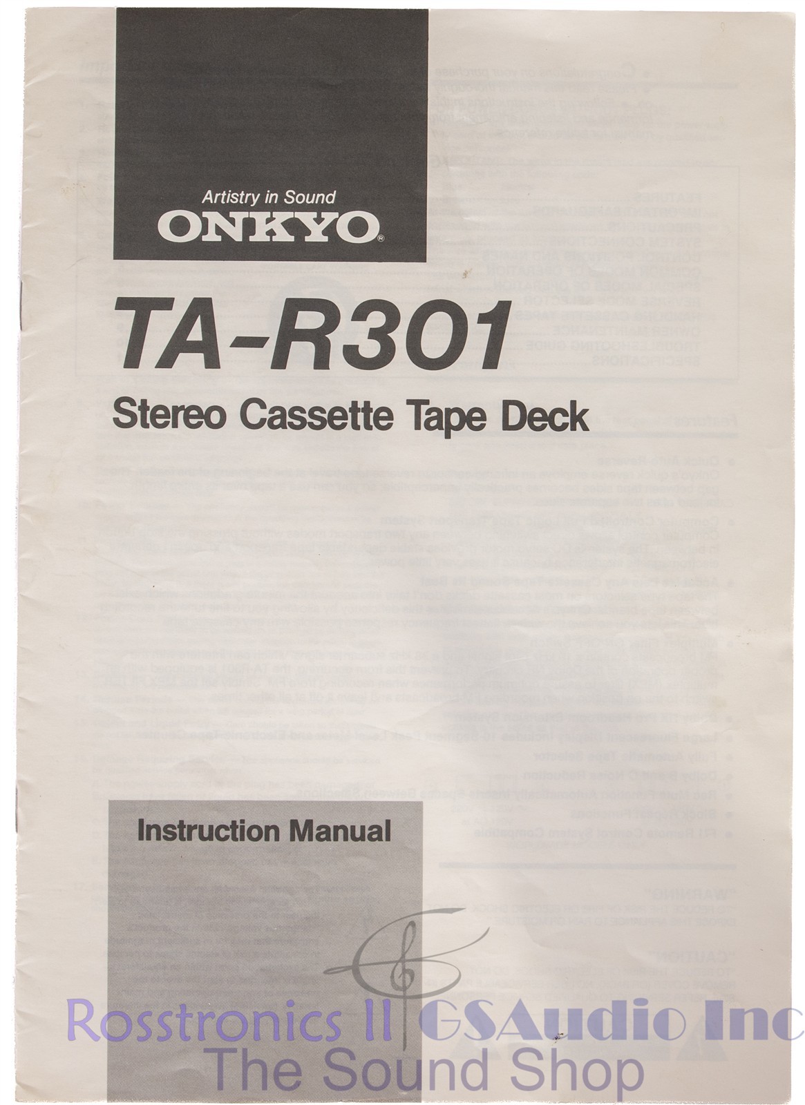 Vintage Onkyo TA-R301 Stereo Cassette Tape Deck Instruction Manual