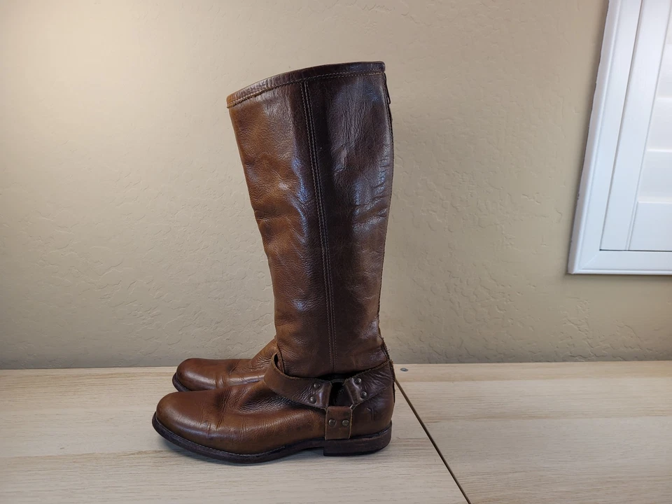 Botas de Equitação Frye Phillip Arnês Alto Couro Moto Equestre Zíper 76850 8.5B - Imagem 2 de 4