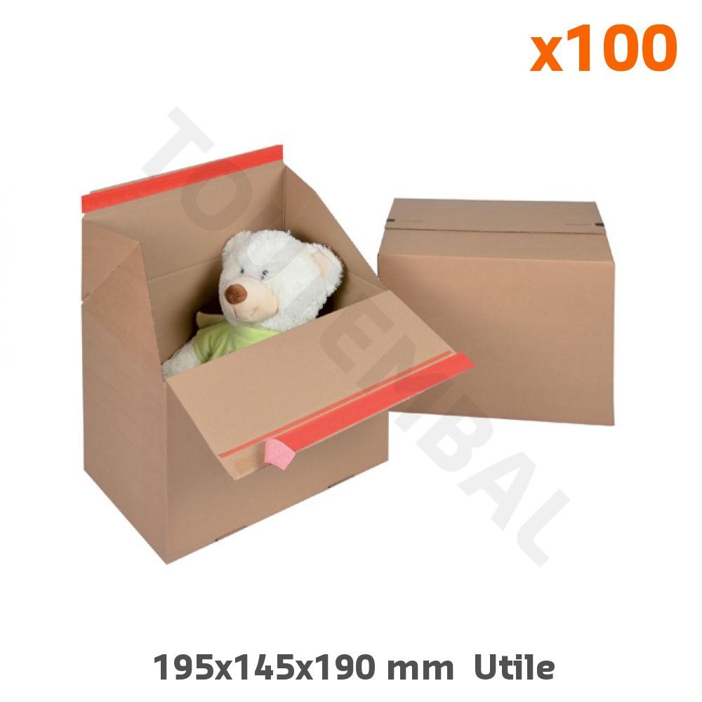 Caisse carton automatique 195x145x190mm brune avec bande adhésive lot de 100