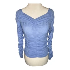 Elodie Ruched Long Sleeve Top Square Neck Blue Textured Knit Size Small NWT