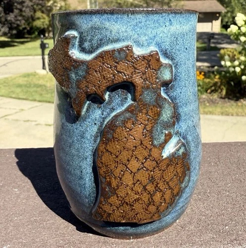 VTG Handmade Art Pottery Mug Cup State Of Michigan Glazed Stoneware 12oz Signed