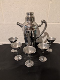 Set shaker cocktail art deco cromato vintage pentola con 5 bicchieri stoviglie da bar