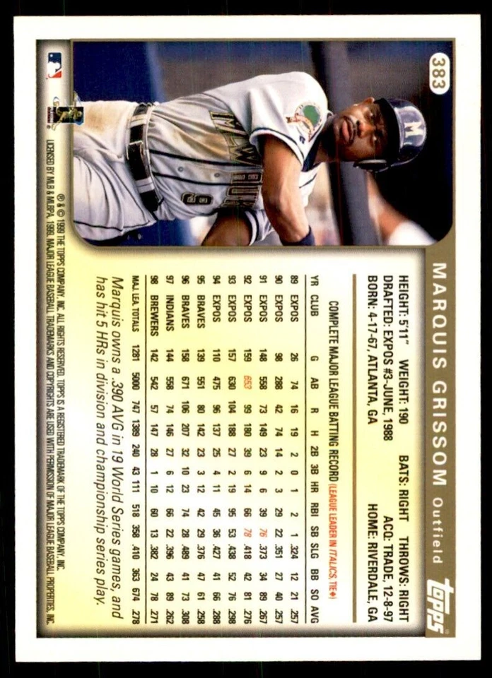 1999 Topps Marquis Grissom Baseball  Cards #383 - Image 2 of 2