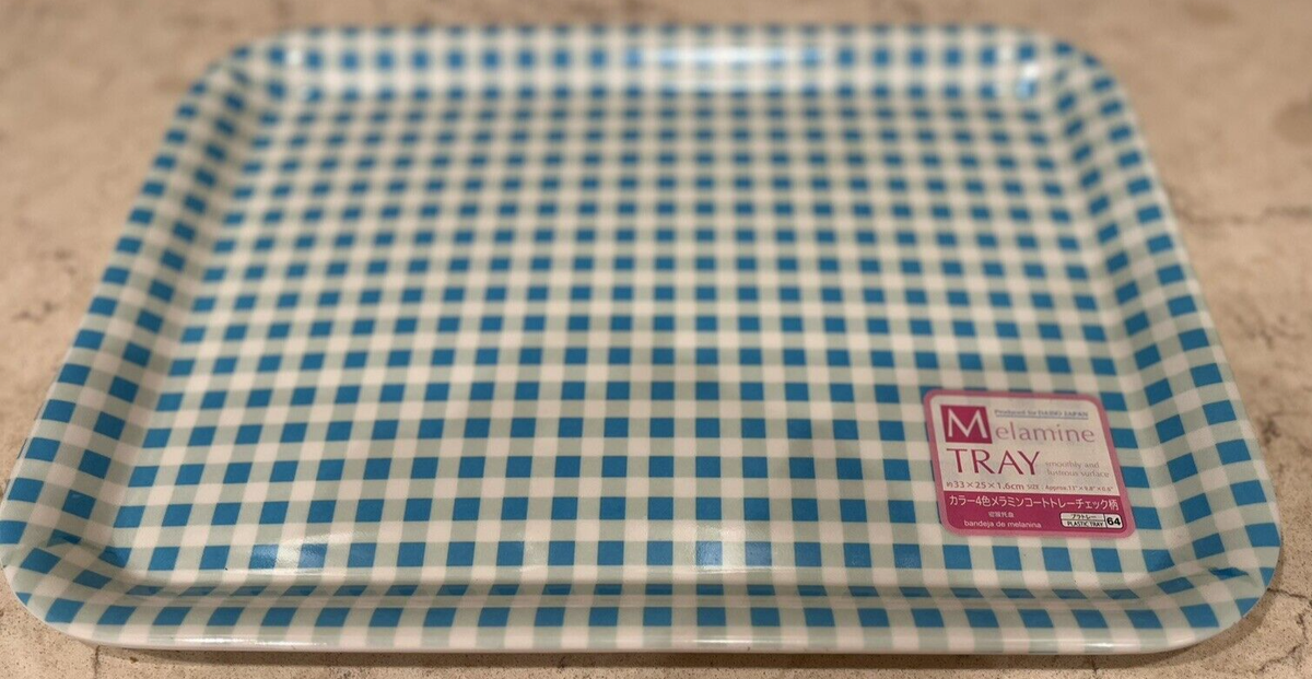 NEW One Daiso Japan Rectangle Melamine Teal/ White checked Tray
