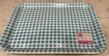 NEW Daiso Japan Rectangle Melamine Teal/ White checked Tray  Size  13 x 10