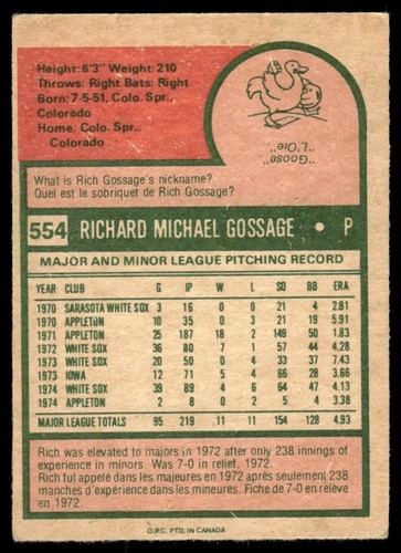 1975 O-Pee-Chee Rich Gossage Chicago White Sox #554 - Picture 2 of 2