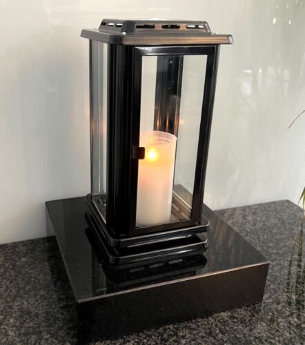 Edelstahl Grablaterne Vase Grablampe Grableuchte Grablicht Sockel Granit Schwarz - Bild 6 von 10