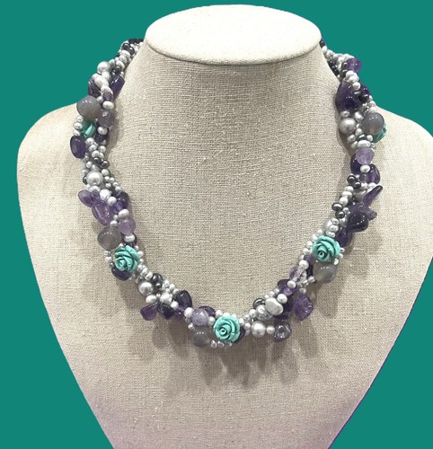 4 ROW AMETHYST, PEARL, AGATE, TURQ NECKLACE W/CARVED ROSES & STERLING SILVER - Picture 7 of 8