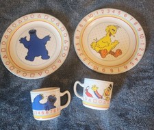 Vintage Sesame Street Porcelain Child Cup  Plate Set Big Bird Cookie Monster