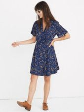 MADEWELL 0 Amaranth Wrap Dress Blue Moonless Floral Print A Line V Neck Retro