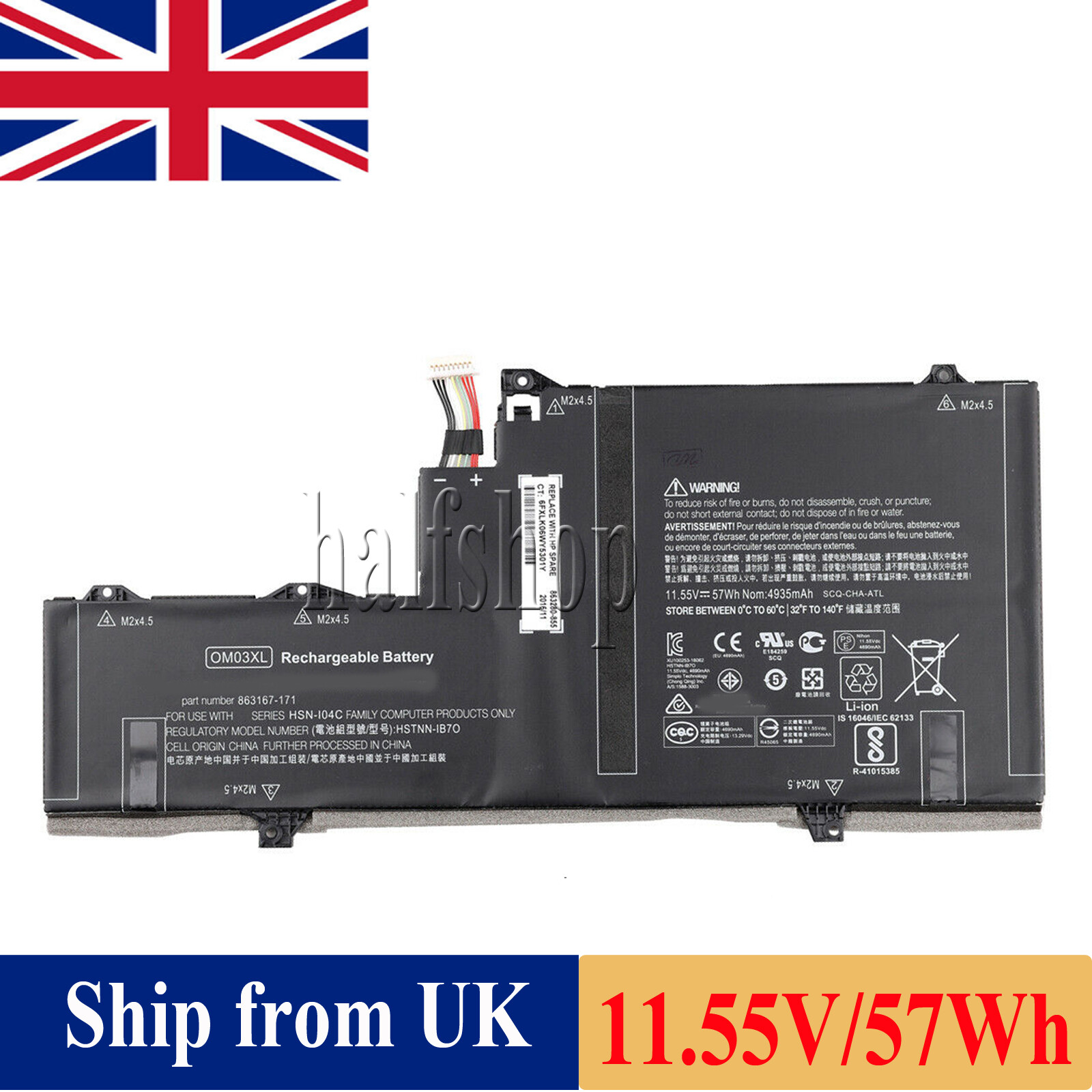 New 11.55V Battery for HP EliteBook X360 1030 G2 OM03XL HSTNN-IB70 863280-855