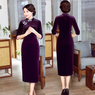 Women Autumn Winter Qipao Dress 3/4 Sleeve Velvet Chinese Cheongsam Stage Frocks