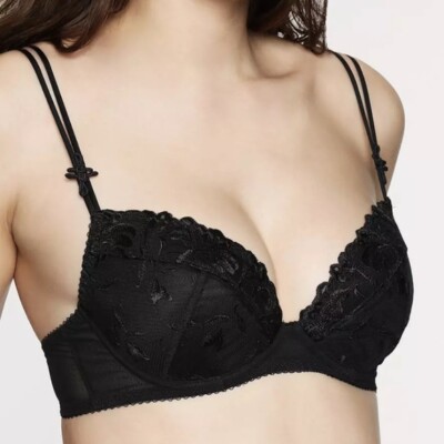 $80 New AUBADE JARDIN DES DELICES Black PADDED PLUNGE Bra 30B 30C YA18
