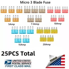 25PCS 3 Prong Micro3 Fuse ATL Car Blade Fuses Assortment 5A 7.5A 10A 15A 20A Kit