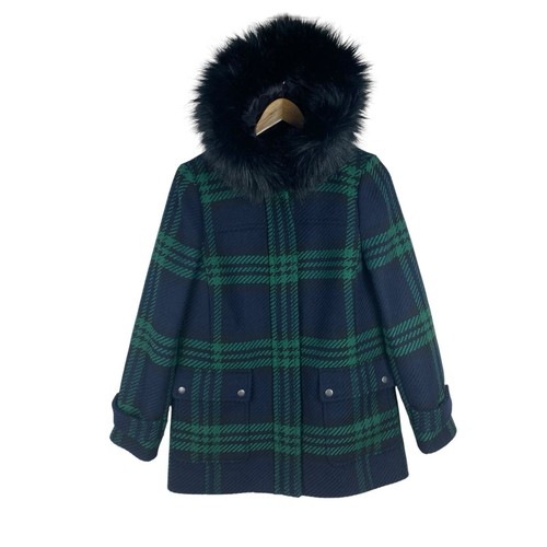 Abrigo Chaqueta Talbots Mezcla Lana Cuadros Piel Capucha Azul Verde Mujer’s Talla 2 Invierno - Imagen 2 de 10