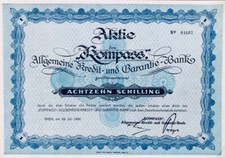 Wien 1926 Aktie der "KOMPASS Allgemeine Kredit- und Garantie- Bank" 18 Schilling