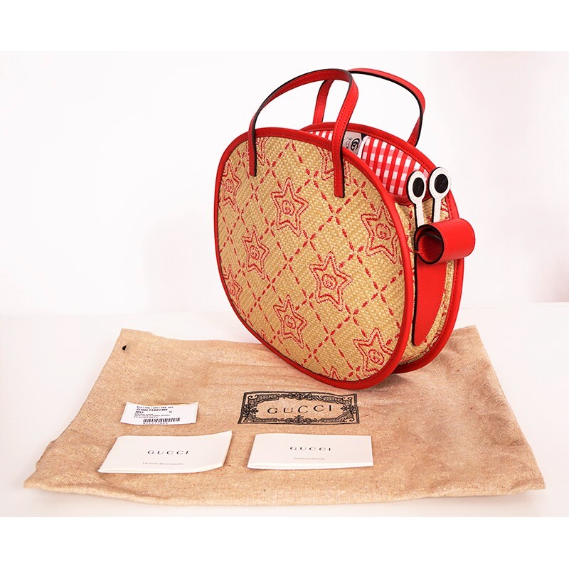GUCCI リアルグラフィティレザーバッグ NEW $950 GUCCI JUNIOR Red Leather Trim RAFFIA GG LOGO Cosmogonie