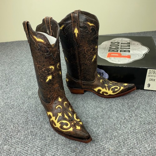 Pecos Bill Orix Stiefel Damen 9 braun Western ausgefallenes Inlay Leder Cowgirl