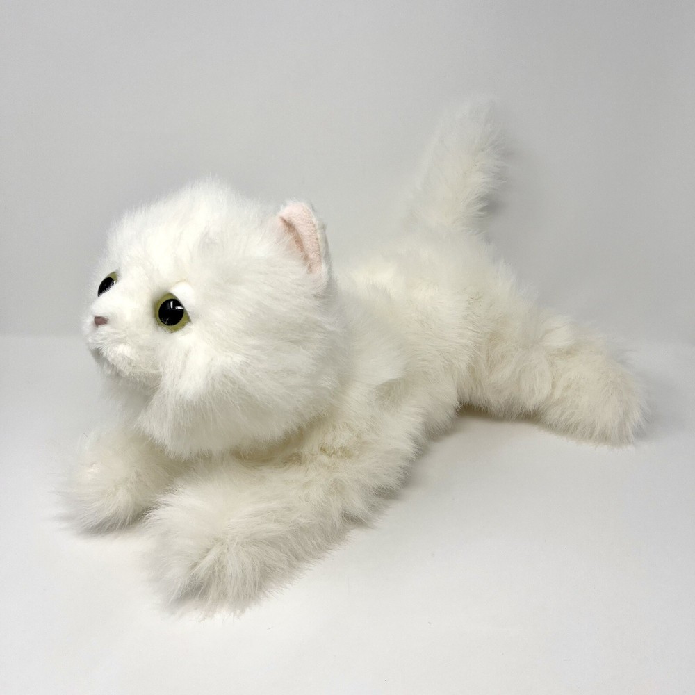 Vintage White Kitty Cat Plush Stuffed Animal 15” with Fluffy Green Eyes