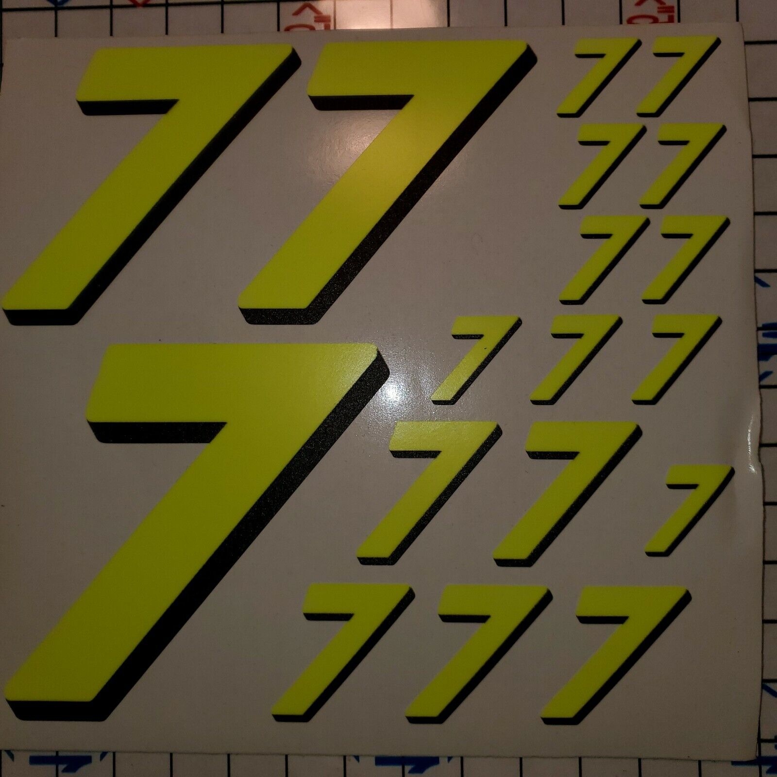 Yellow FLUORESCENT #7's Racing Numbers vinyl Decal Sheet 1/8-1/10-1/12 RC Model