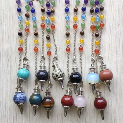 12pcs Natural Stone Dowsing Pendulum Mix Circular Cone Pendants Chain Jewelry