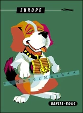 Europe 1960 Australia's Overseas Airline ST Bernard Dog Vintage Poster Print