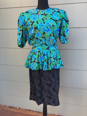 vintage Adrianna Papell 80s blue & green floral silk peplum dress cut out back | eBay vintage Adrianna Papell 80s blue & green floral silk peplum dress cut out back | eBay