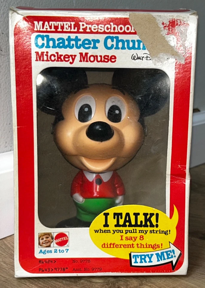 Mickey Mouse Chatter Chums 1976 ~ Juguete parlante de cuerda ~ Caja ~ Mattel Disney ~ Funciona Foto 3 de 4