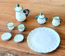 Vintage Porcelain MINI Tea Set Blue  White Doll House 9 pc. blue/white w/tray