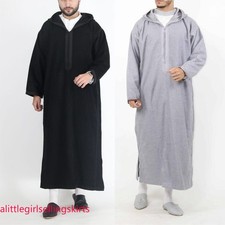 Arab Men Hooded Black Robe Ramadan Eid Muslim Dress Jubba Thobe Islamic Kaftan