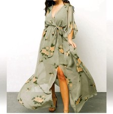 Baltic Born Green Floral Chiffon Maxi Wrap Dress V-Neck Tie Belted M