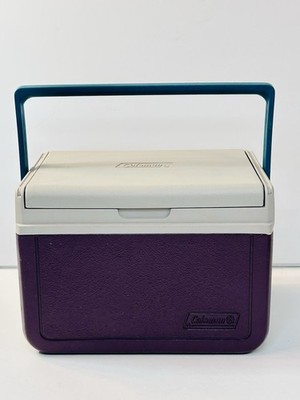 Vintage Mini Coleman Flip top Cooler Purple W/ Green Handle Model 5205 Holds 6pk