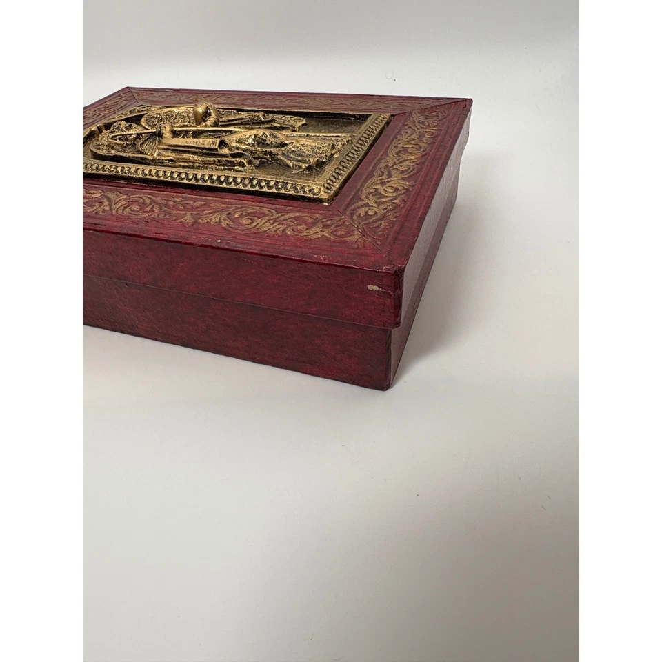 Caja de recuerdo decorativa Giftcraft ángel en relieve oro rojo tapa ornamentada almacenamiento Foto 4 de 4