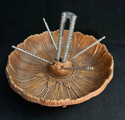 Vintage Nut Bowl Nutcacker & 4 Picks Faux Wood Resin