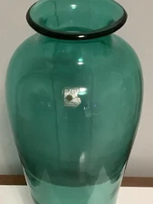 Blenko Handblown 15 1/2 Inch Teal Vase. Excellent Condition with Sticker Label