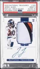 2020 NATIONAL TREASURES PATCH AUTO-HOLO SILVER JERRY JEUDY 7/25 PSA 9 AUTO 10