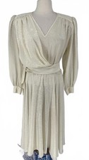 Vintage Gina Danova Elegant Ivory Long Sleeve Wrap Dress with Belt