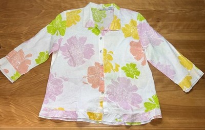 Erin London Womens 100% Linen Floral Button Down Shirt Medium Tropical