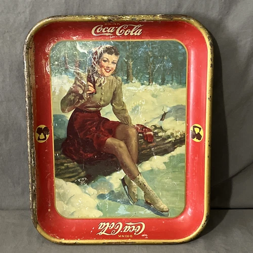 1941 Coca Cola Winter Snow Ice Skating Girl Metal Coke Vintage Serving Tray