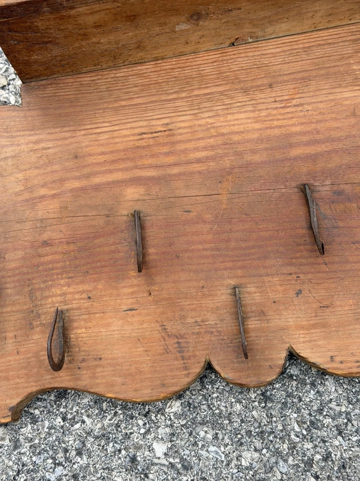Antique game board yellow pine wrought iron hooks primitive wall hanging - Image 4 of 4